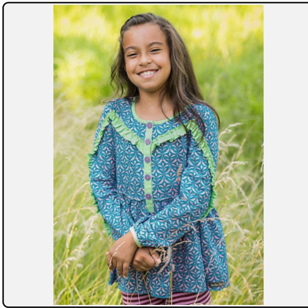 Matilda Jane Head In The Clouds Blue Green Long Sleeve Ruffle Shirt-💚Size 6💚